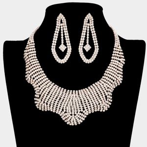 Gold Wavy Rhinestone Crystal Necklace Chain Set Formal Statement Jewelry